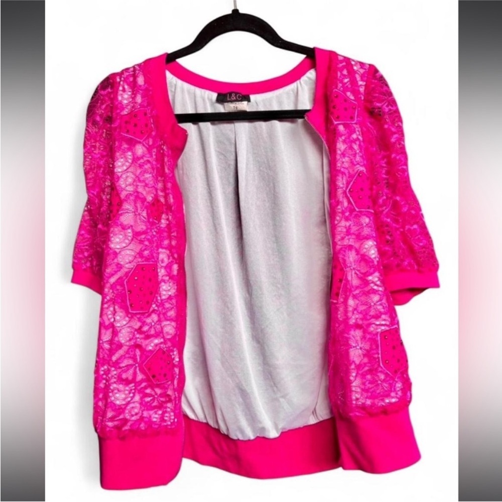 Hot Pink Y2K McBling Japanese Lace Zip-Front T-Shirt Cardigan - Picture 8 of 10